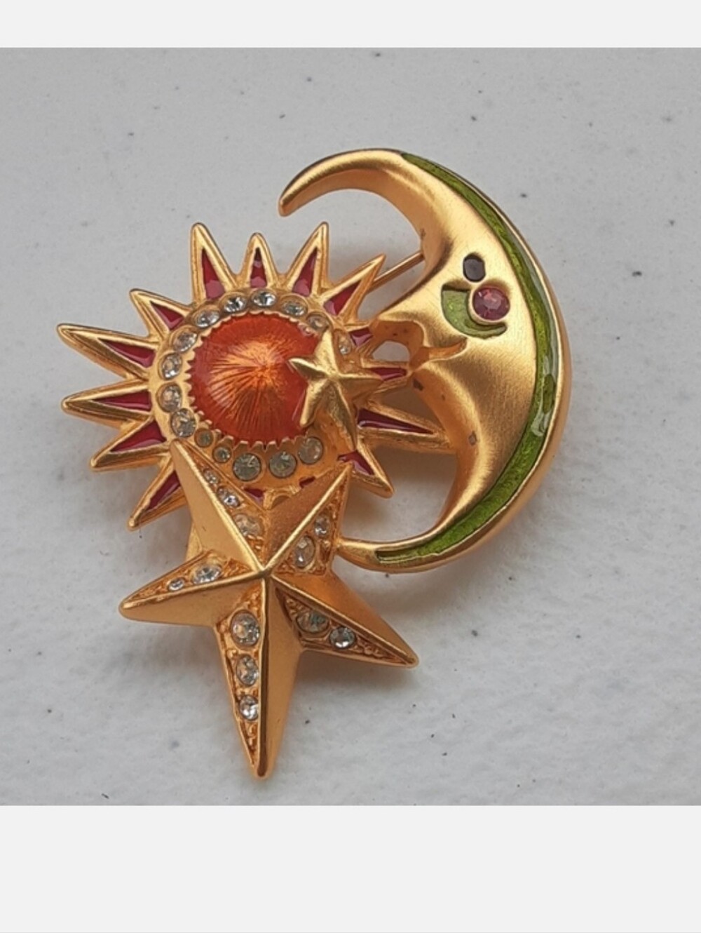 Bob Mackie Vintage Celestial Sun Moon And Star Enameled And Rhinestone Brooch